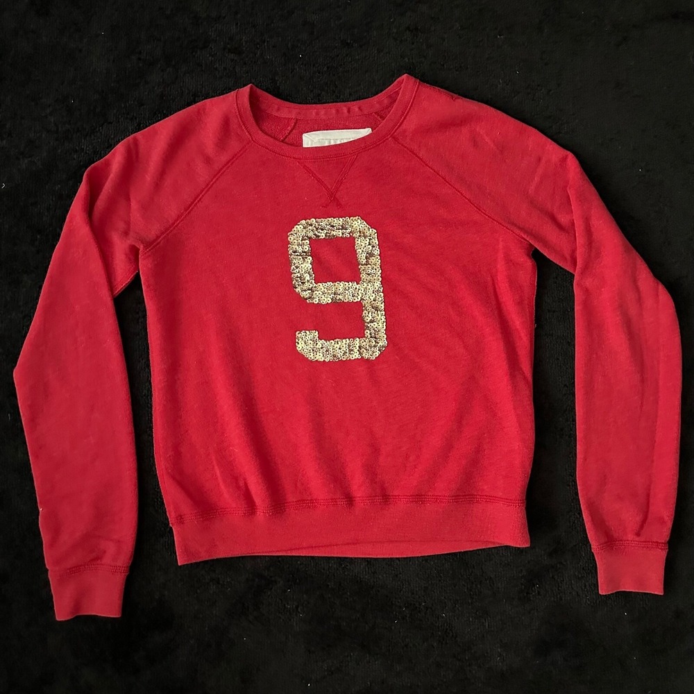 Abercrombie‎ & Fitch Sweatshirt Women Medium Red Sequin 9 Raglan Cotton Blend